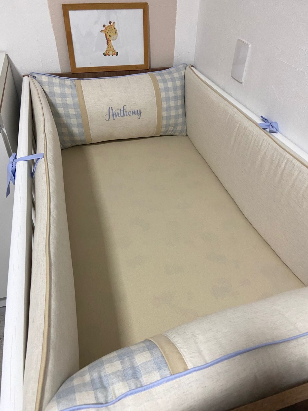 kit berço xadrez azul e linho